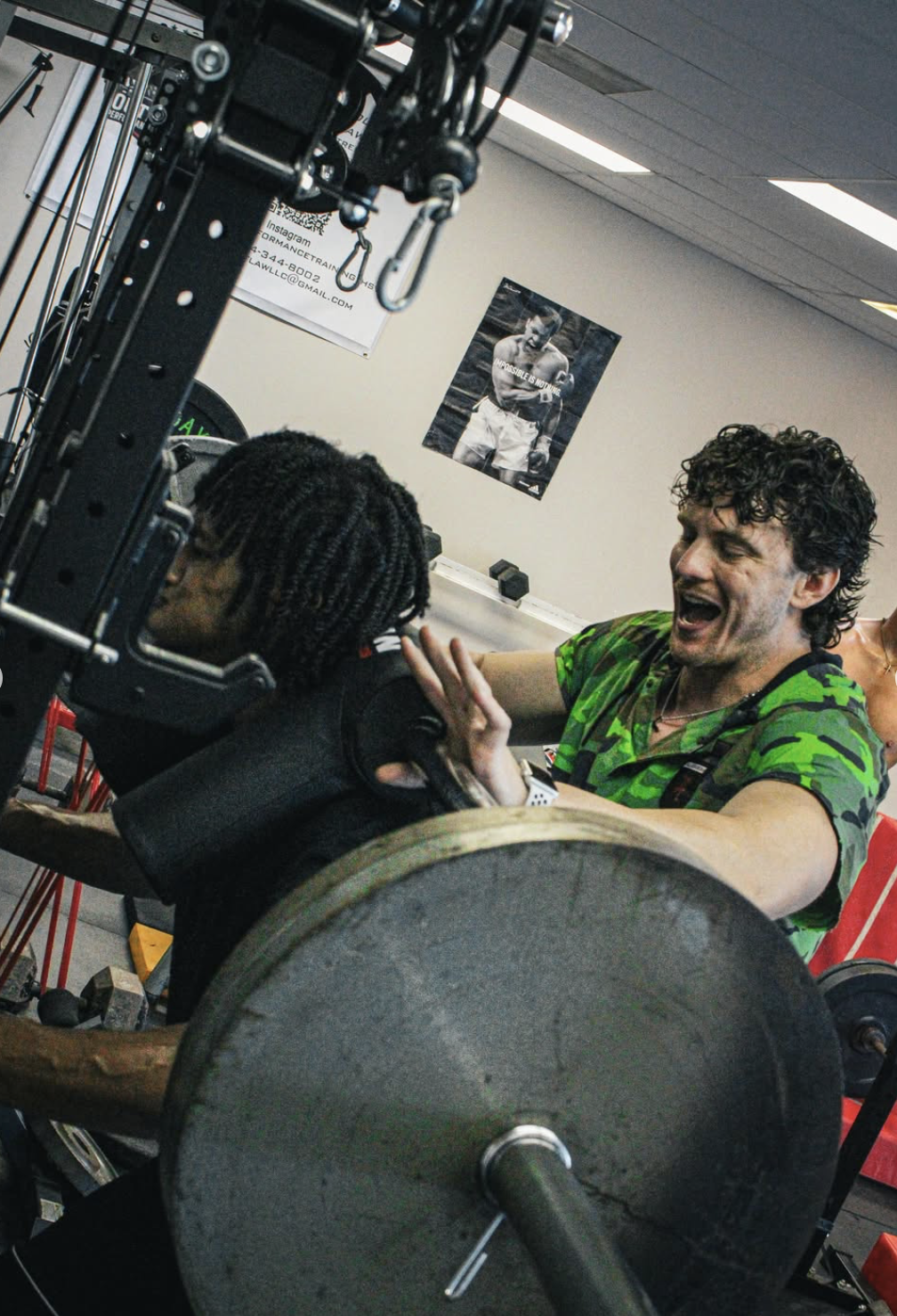 Chalked grip on an Olympic barbell